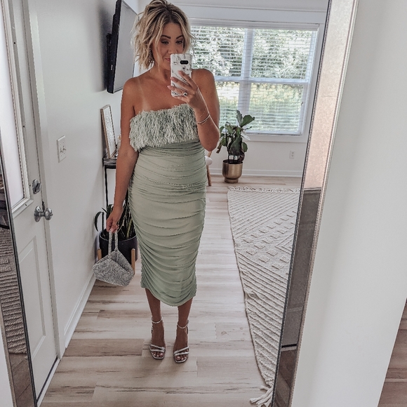 ASOS DESIGN bandeau faux feather mesh midi dress in sage green - 8 - Picture 8 of 8